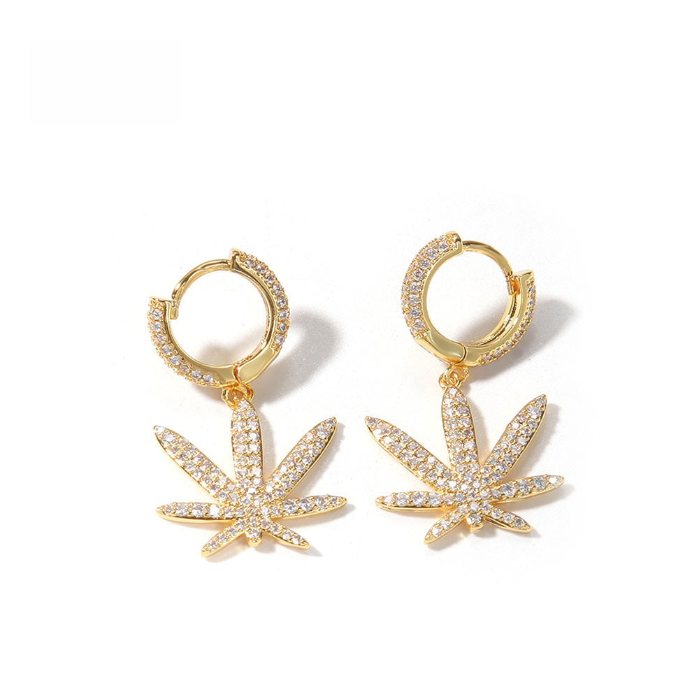 Leaf Drop Hoop Earrings with Cubic Zirconia for Women & Men - Gold, Silver, Rose Gold Statement Earrings product image