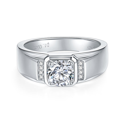 Men’s 1 Carat Moissanite Ring, 18K Gold Plated Wedding Band with Round Center Stone and Side Accents product image