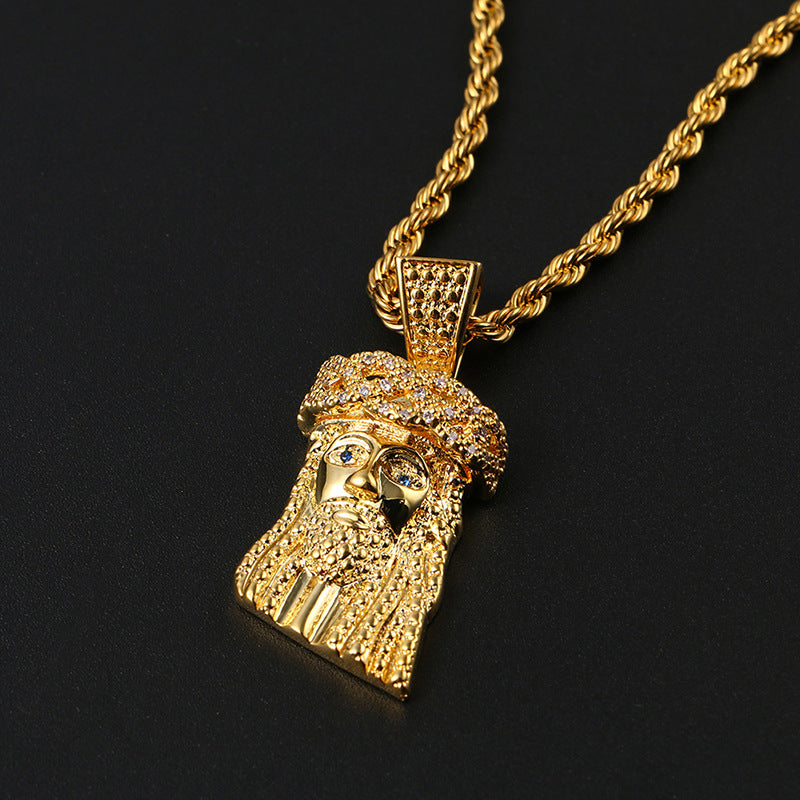 Iced Out Jesus Pendant Necklace for Men - Gold Tone Rope Chain Cuban Link Style Hip Hop Jewelry product image