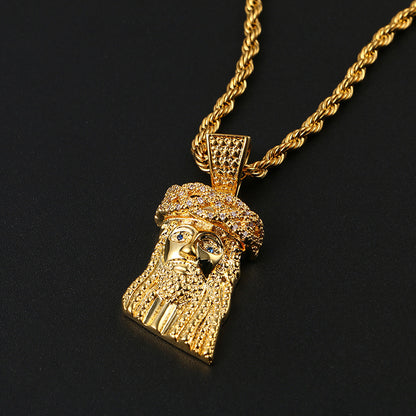 Iced Out Jesus Pendant Necklace for Men - Gold Tone Rope Chain Cuban Link Style Hip Hop Jewelry