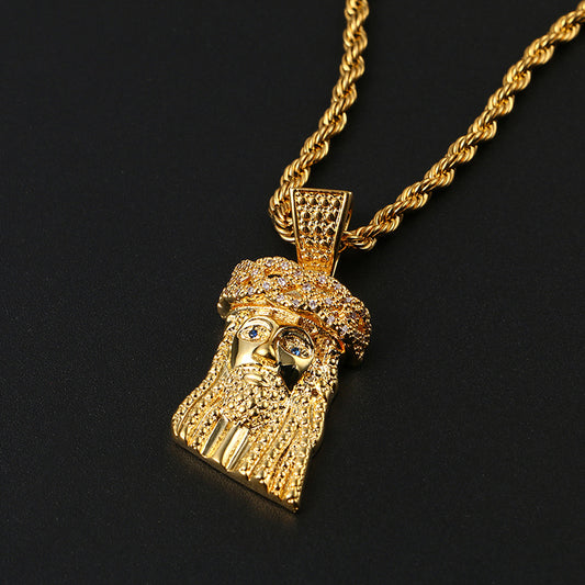 Iced Out Jesus Pendant Necklace for Men - Gold Tone Rope Chain Cuban Link Style Hip Hop Jewelry product image