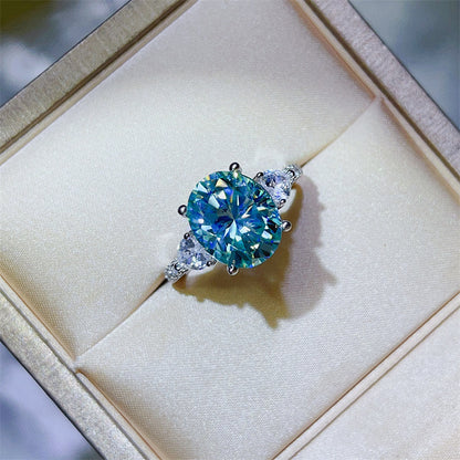 5 Carat Blue Green Moissanite Ring for Women, Micro Pave Halo Style Engagement Ring