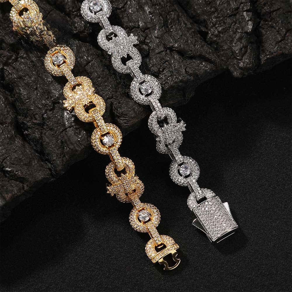 Iced Out Circular Link Cuban Chain Necklace Bracelet for Women & Men, Gold or Silver Color Cubic Zirconia Statement Jewelry