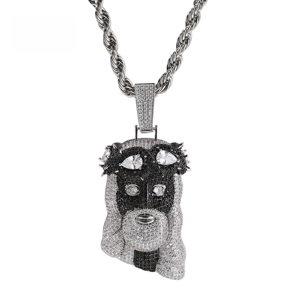 Iced Black & White Dog Head Pendant Necklace with 3mm 24-Inch Twist Chain – Hip Hop Copper Statement Jewelry