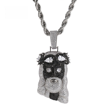 Iced Black & White Dog Head Pendant Necklace with 3mm 24-Inch Twist Chain – Hip Hop Copper Statement Jewelry