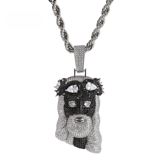 Iced Black & White Dog Head Pendant Necklace with 3mm 24-Inch Twist Chain – Hip Hop Copper Statement Jewelry