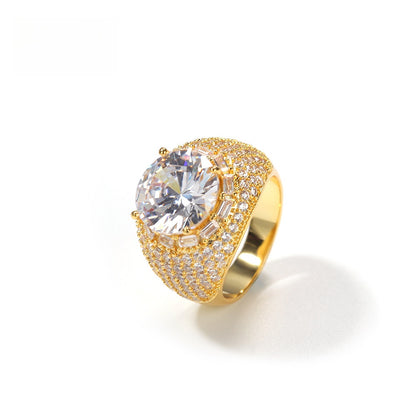 Unisex Gold Plated Cubic Zirconia Statement Ring - Round Halo Hip Hop Style Band