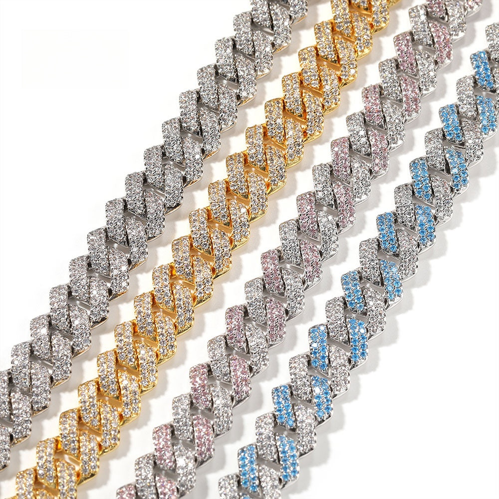 Iced Out Cuban Link Chain Necklace Bracelet with Cubic Zirconia, Unisex Statement Hip Hop Jewelry in Silver, Gold, Pink & Blue