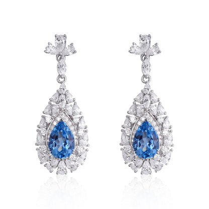 Blue Teardrop Drop Earrings, 925 Silver Crystal Halo Dangle Earrings