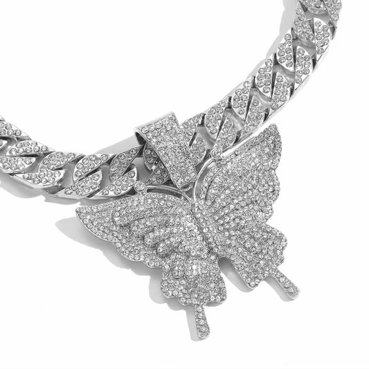 Butterfly Cuban Link Alloy Pendant Necklace for Men and Women