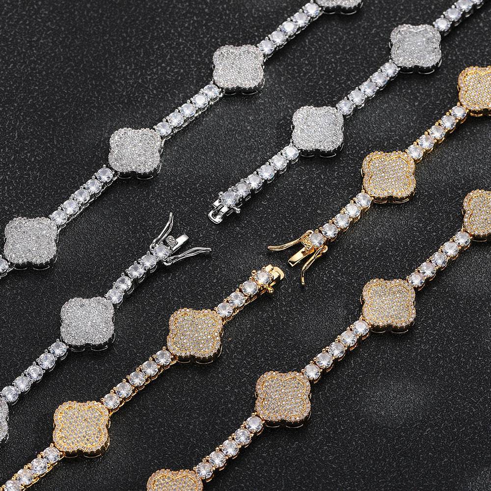 Clover Cubic Zirconia Tennis Chain Bracelet & Necklace Set, Hip Hop Pendant Jewelry product image