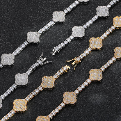 Clover Cubic Zirconia Tennis Chain Bracelet & Necklace Set, Hip Hop Pendant Jewelry