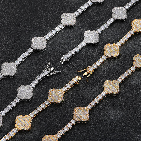 Clover Zircon Tennis Chain Bracelet & Necklace Set, Hip Hop Pendant Jewelry