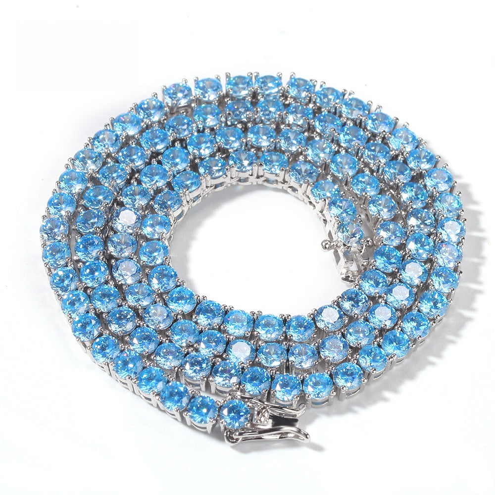 Iced Out Blue Cubic Zirconia Tennis Chain Necklace for Women & Men, Gold Plated or Silver Plated Round Statement Pendant Chain product image