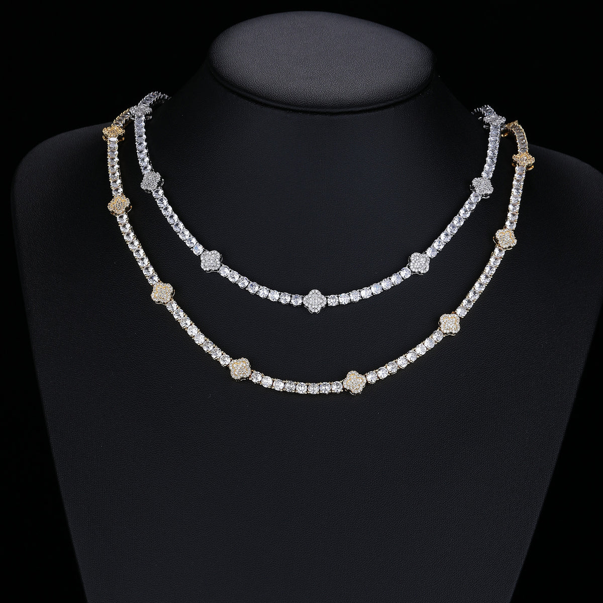 Tennis Chain Clover Pendant Necklace, Unisex CZ Geometric Jewelry product image
