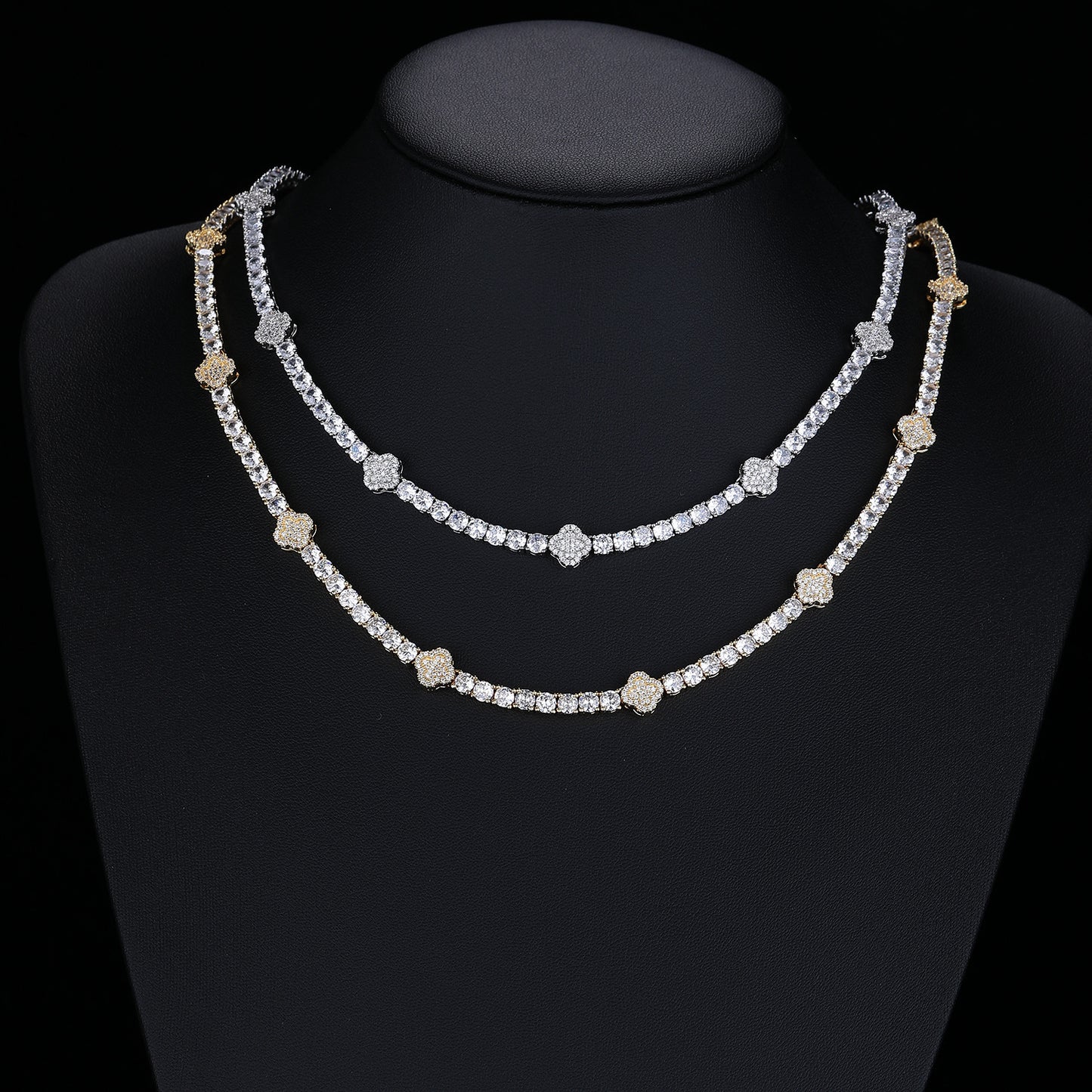 Tennis Chain Clover Pendant Necklace, Unisex CZ Geometric Jewelry