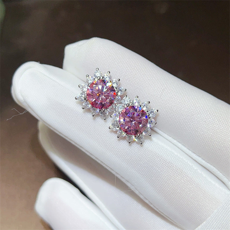 Pink Round Moissanite Stud Earrings with Halo Accent for Women product image