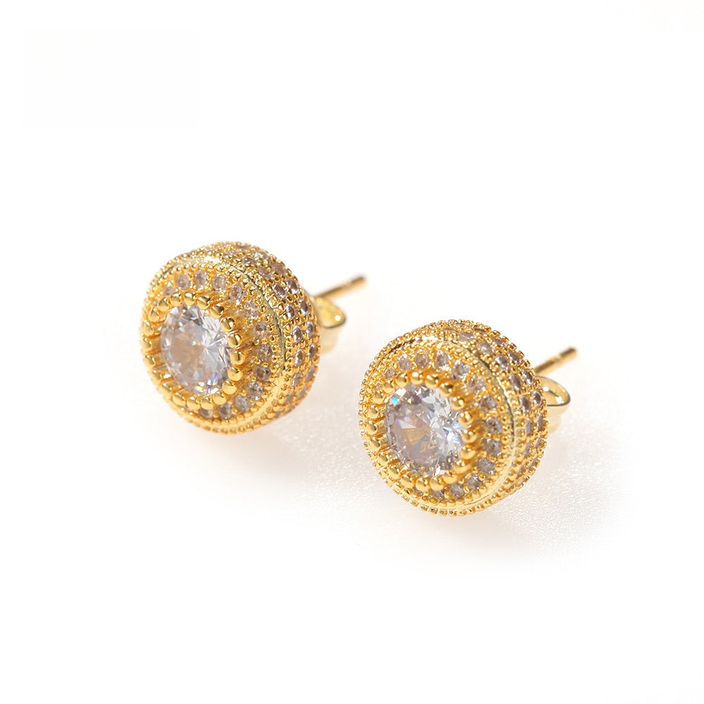 Unisex Round Cubic Zirconia Stud Earrings in Gold or Silver Tone - Hip Hop Statement Earrings