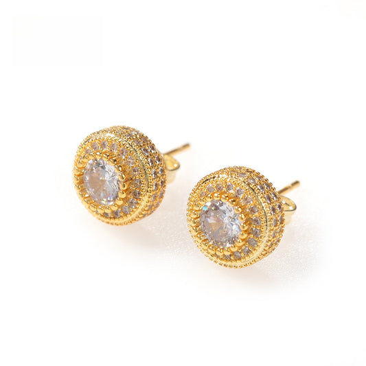 Unisex Round Cubic Zirconia Stud Earrings in Gold or Silver Tone - Hip Hop Statement Earrings