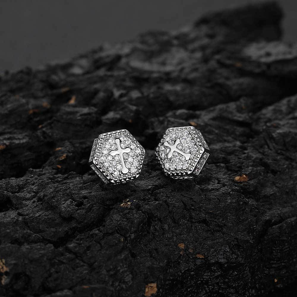 Hexagon Cross CZ Stud Copper Earrings in Selectable Colors and Sizes - EAR022 product image