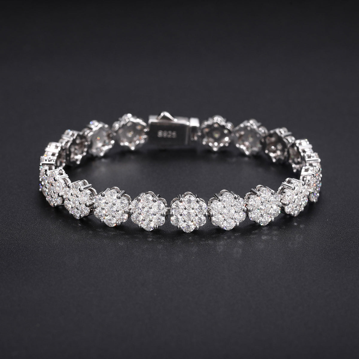Unisex Silver Tone Moissanite Flower Cluster Tennis Bracelet, Iced Out Hip Hop Jewelry, 6 7 8 Inch product image