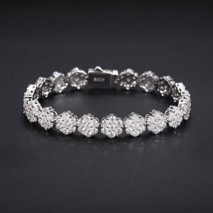 Unisex Silver Tone Moissanite Flower Cluster Tennis Bracelet, Iced Out Hip Hop Jewelry, 6 7 8 Inch