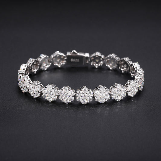 Unisex Silver Tone Moissanite Flower Cluster Tennis Bracelet, Iced Out Hip Hop Jewelry, 6 7 8 Inch product image