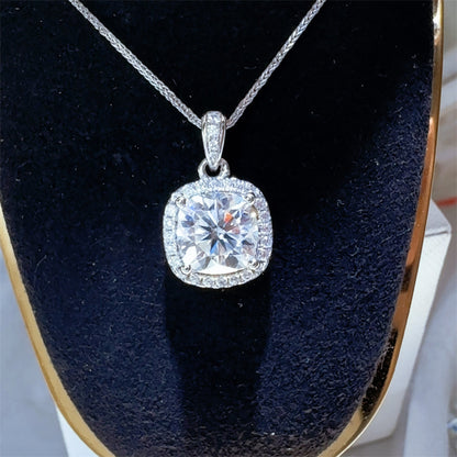 Moissanite Halo Pendant Necklace with Cushion Cut Stone, 1 to 5 Carat Style Gift Necklace