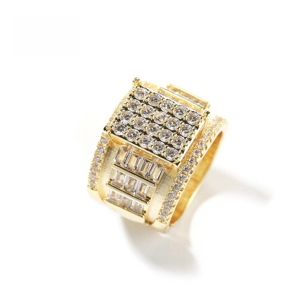 Men’s Gold Plated Square Cubic Zirconia Adjustable Statement Ring