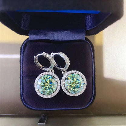 Green Moissanite Halo Drop Hoop Earrings for Women, Round Dangle Earrings, Gift-Ready Dressy Daily Style