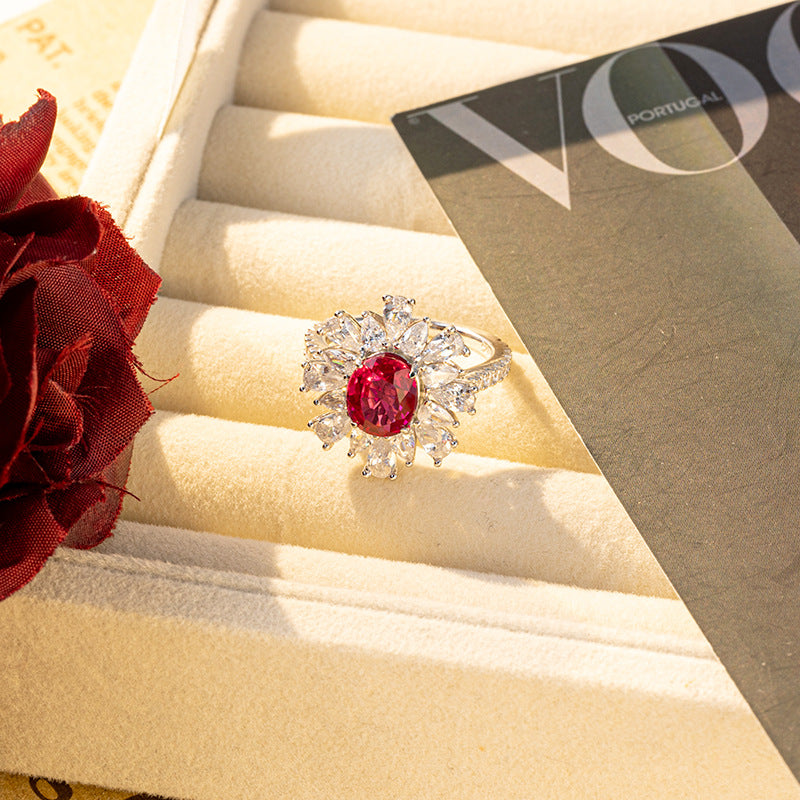 Lab-Grown Ruby Halo Ring for Women, Oval Red Gemstone Floral Ring product image
