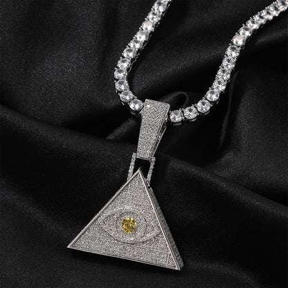 Iced Triangle Eye Pendant Necklace for Women - Cubic Zirconia Statement Chain in Gold or Silver