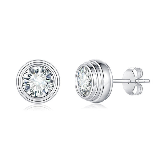 Moissanite Stud Earrings, Round Bezel 50-Point White Gold-Plated Earrings product image