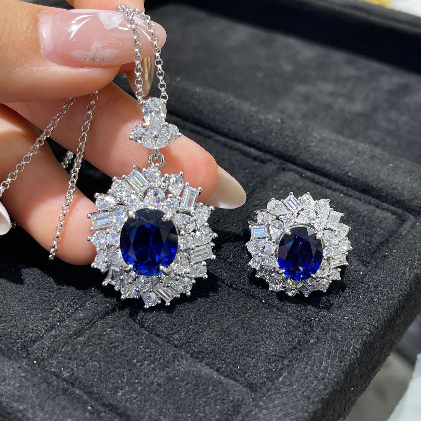 Blue Sapphire Necklace and Earrings Set, Lab-Grown Sapphire Halo Crystal Jewelry product image