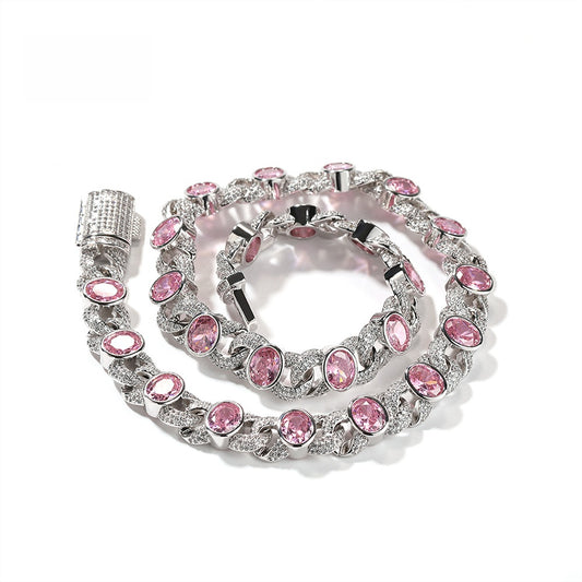 Silver Plated Pink Cubic Zirconia Heart Chain Necklace Bracelet for Women