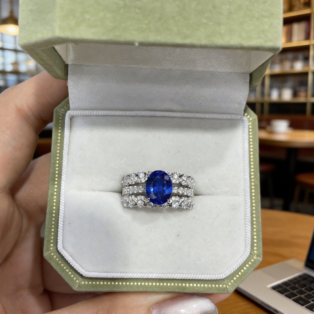 Lab-Grown Blue Spinel Oval Ring, S925 Silver with 18k Gold Plating, Sparkling Pavé Accent Ring product image