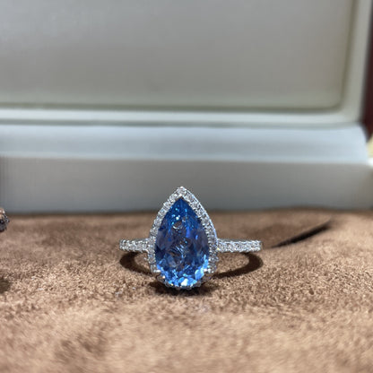 Blue Pear Halo Ring for Women, Moissanite Ring, S925 Teardrop Engagement Style