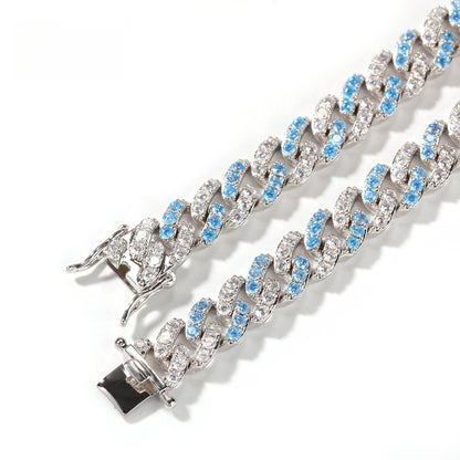 Iced Out Blue Cubic Zirconia Cuban Link Bracelet and Necklace Set for Women & Men