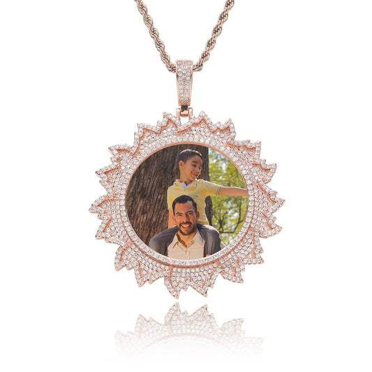 Hip Hop Floral Round Photo Copper Pendant Necklace for Men and Women
