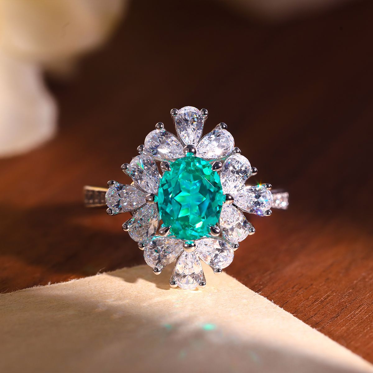 Green Oval Halo Wedding Ring for Women, S925 Silver Gold-Plated Paraiba-Style Ring product image