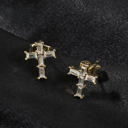 Unisex Cross Cubic Zirconia Stud Earrings in Gold or Silver Tone