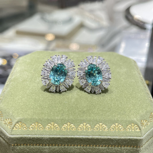 1.5 Carat Lab Grown Paraiba Stud Earrings, Oval Teal Blue Green Halo Earrings product image
