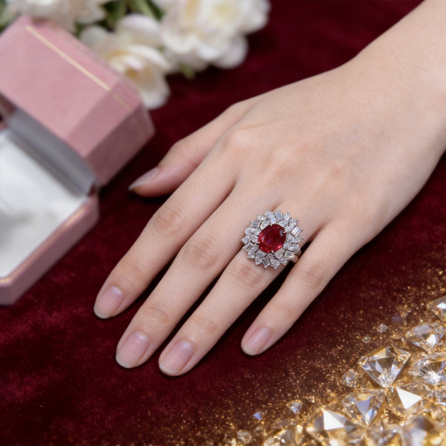 3 Carat Lab Grown Red Ruby Halo Ring for Women, Oval Statement Ring product image