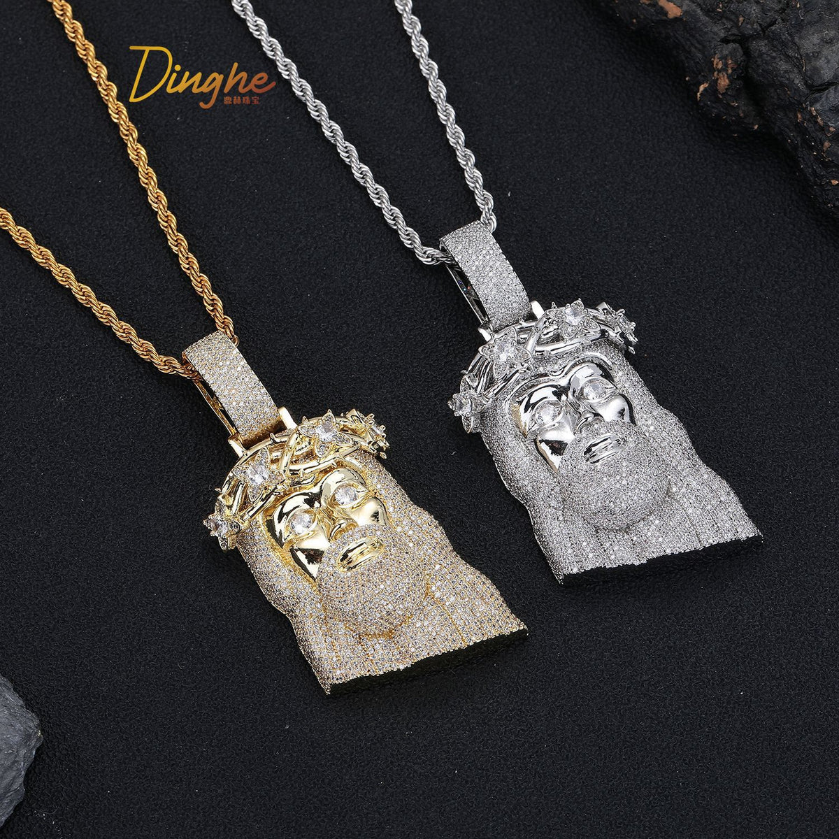 Jeweled Cartoon Face Pendant Necklace, 3MM Twisted Rope Chain, Gold Tone / Silver Tone product image