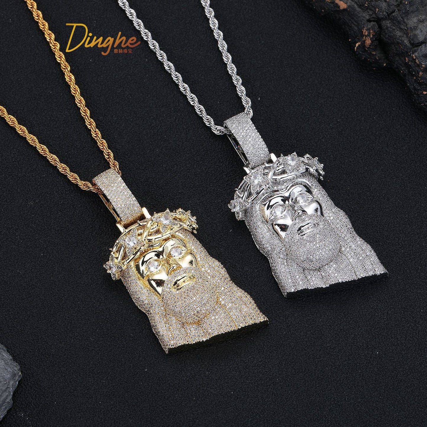 Jeweled Cartoon Face Pendant Necklace, 3MM Twisted Rope Chain, Gold Tone / Silver Tone