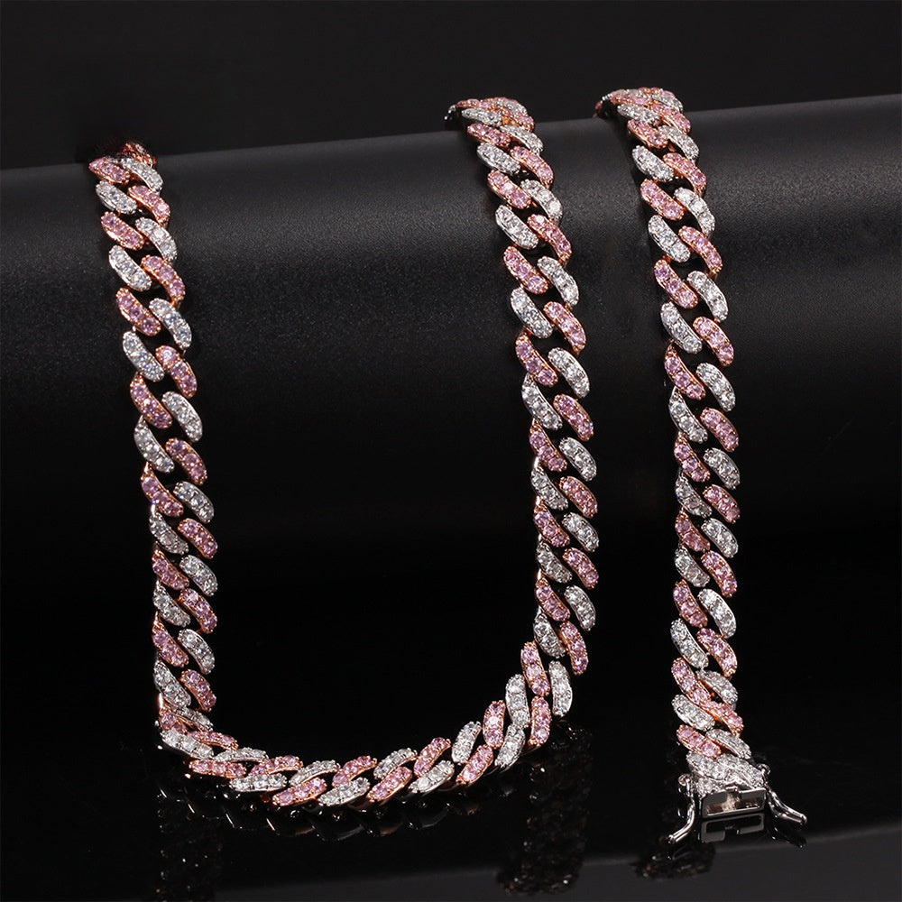 Pink & Clear Cubic Zirconia Cuban Link Necklace Bracelet & Anklet Set for Women and Men, Rose Gold Plated Statement Chain Jewelry