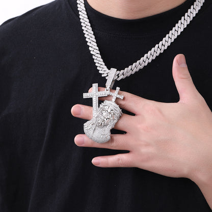Hip Hop Cross Face Pendant Necklace, Micro-Set Copper Figure, 3MM Twist Chain