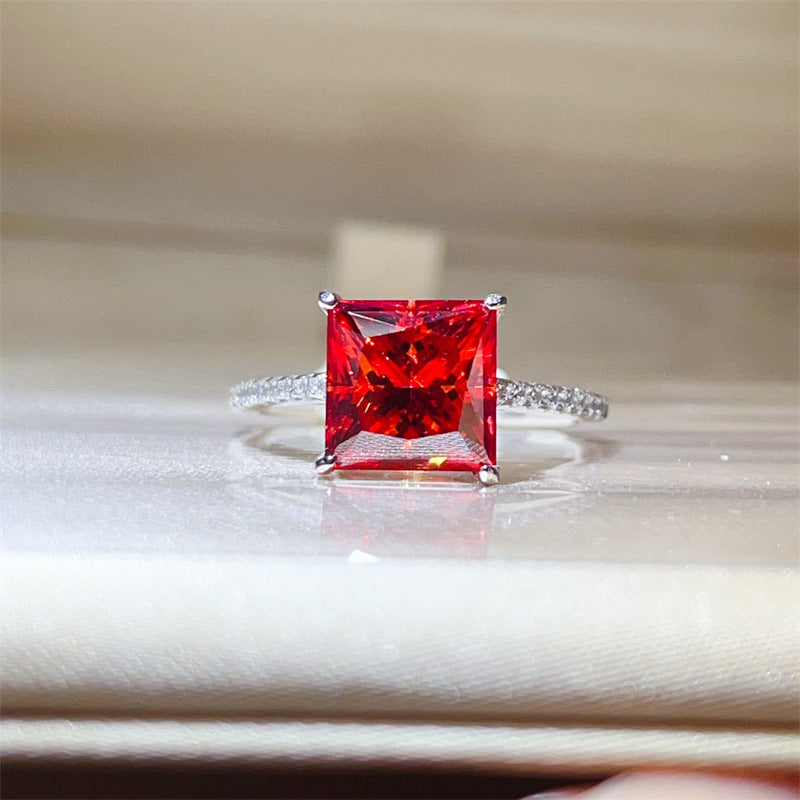 Red Princess Cut Moissanite Ring for Women, Pave Band Engagement Ring, 1 Carat 2 Carat 3 Carat 5 Carat product image