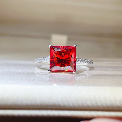 Red Princess Cut Moissanite Ring for Women, Pave Band Engagement Ring, 1 Carat 2 Carat 3 Carat 5 Carat