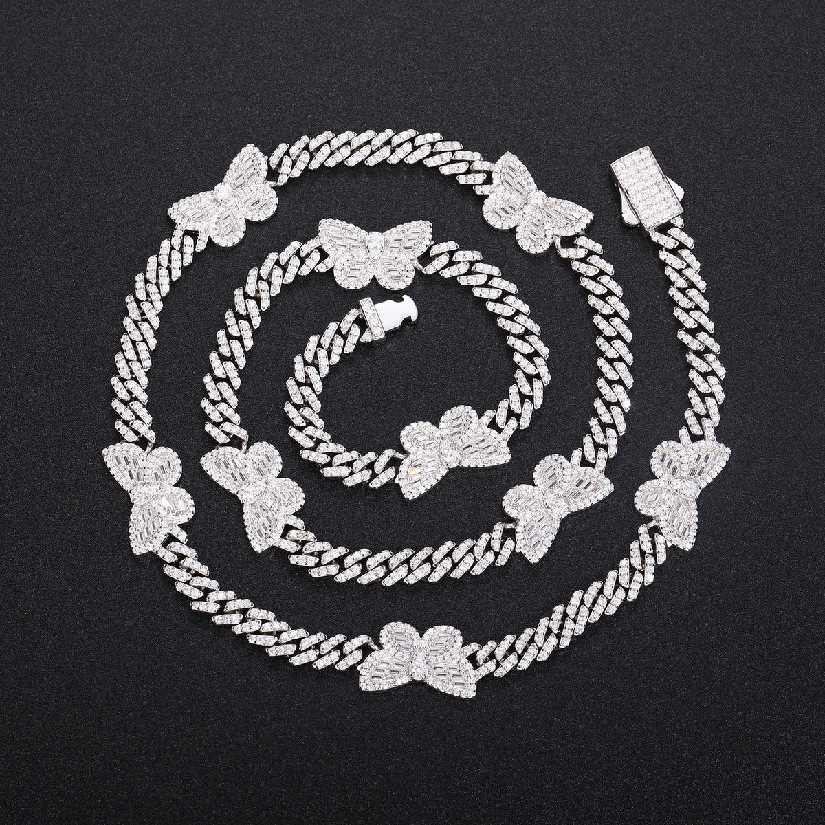 Iced Out Butterfly Cuban Link Chain Bracelet in White Silver Tone with Cubic Zirconia product image